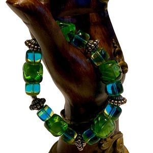 Handmade Bracelet. Vintage Two toned Blue and Green Glass Beads